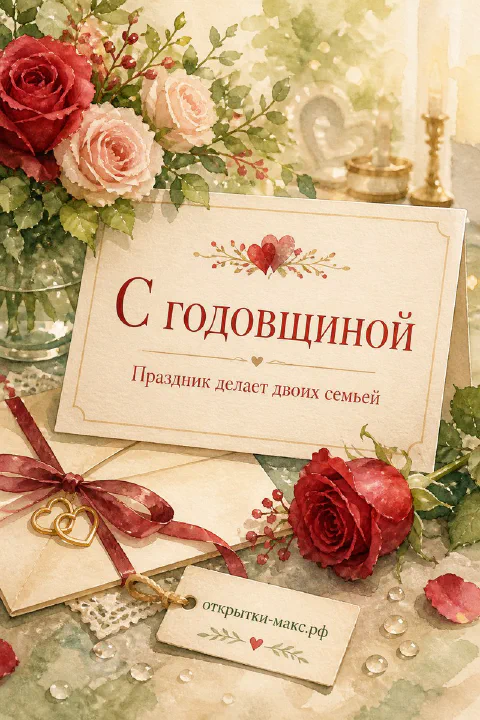Красные и розовые розы на акварельном фоне рядом с конвертом, свечой и сердечком — открытка с годовщиной