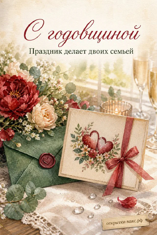 Красные и розовые розы на акварельном фоне рядом с конвертом, свечой и сердечком — открытка с годовщиной — вариант 2