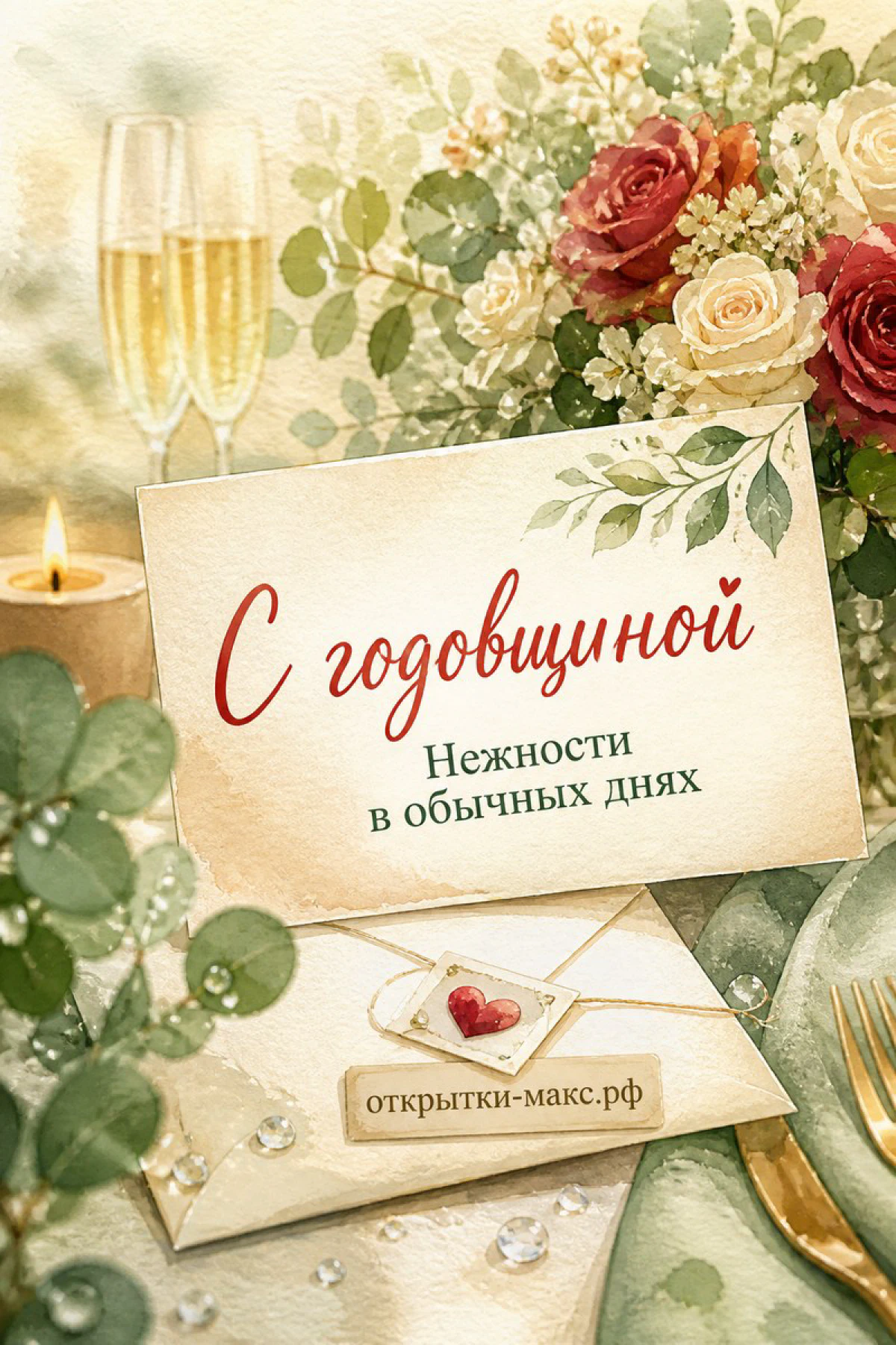 Акварельная открытка: бокалы с шампанским, красные и кремовые розы, конверт с красным сердечком на бежевом фоне