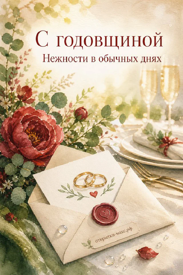 Акварельная открытка: бокалы с шампанским, красные и кремовые розы, конверт с красным сердечком на бежевом фоне — вариант 2