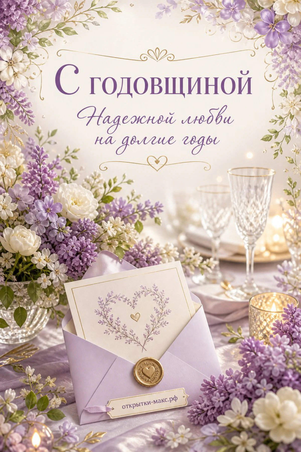 Открытка в лиловых тонах: сиреневые цветы, конверт с печатью, хрустальные бокалы на праздничном столе