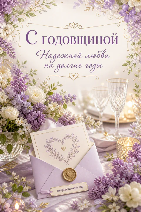 Открытка в лиловых тонах: сиреневые цветы, конверт с печатью, хрустальные бокалы на праздничном столе