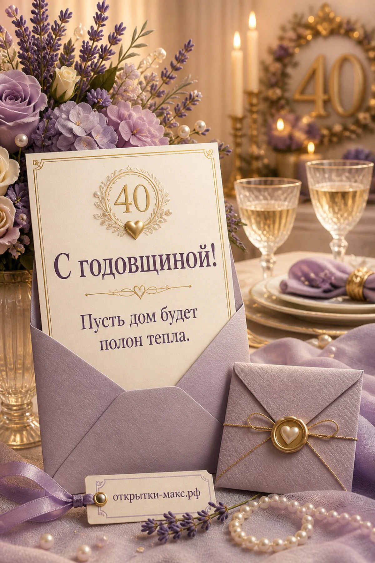 Праздничный стол с лавандой, розами и бокалами шампанского, открытка «С годовщиной 40»