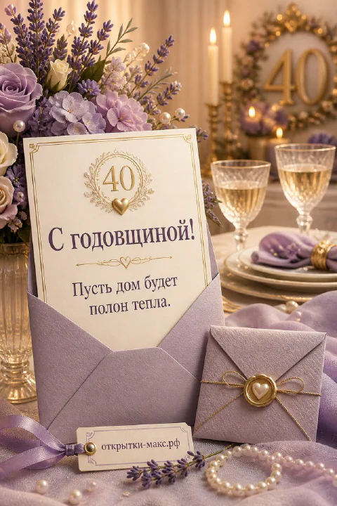 Праздничный стол с лавандой, розами и бокалами шампанского, открытка «С годовщиной 40»