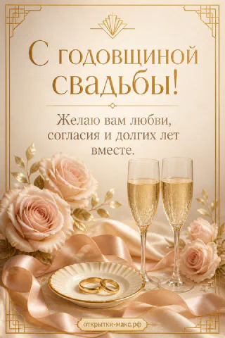 Открытка с годовщиной свадьбы с бокалами шампанского, розами и обручальными кольцами