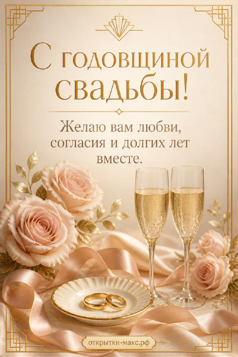 Открытка с годовщиной свадьбы с бокалами шампанского, розами и обручальными кольцами
