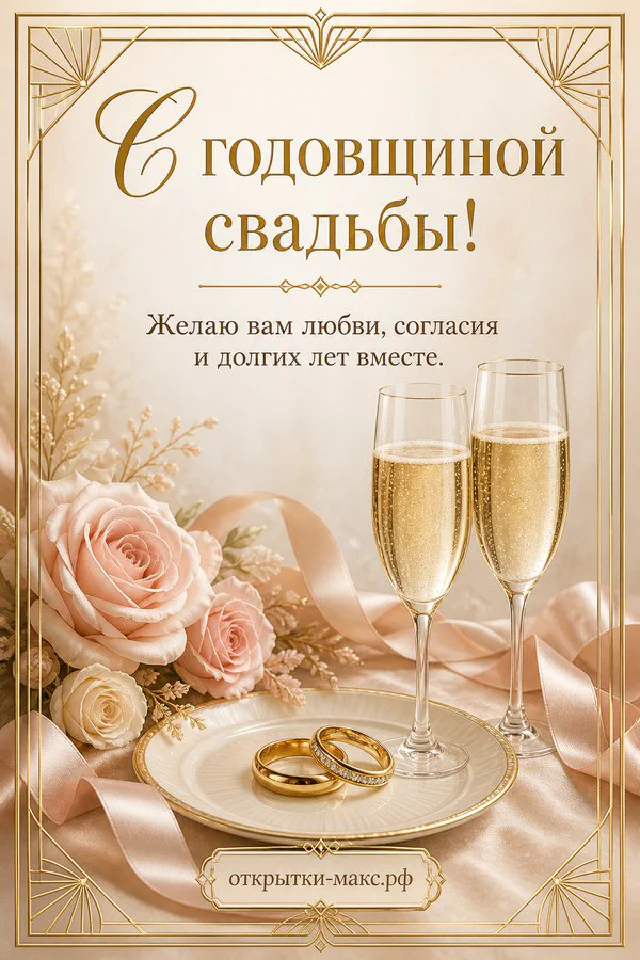 Открытка с годовщиной свадьбы с бокалами шампанского, розами и обручальными кольцами — вариант 2