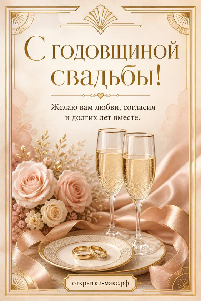 Открытка с годовщиной свадьбы с бокалами шампанского, розами и обручальными кольцами — вариант 3