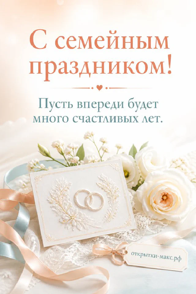 Золотые обручальные кольца на атласной ленте, букет белых роз и подписанная карточка с годовщиной свадьбы — вариант 4