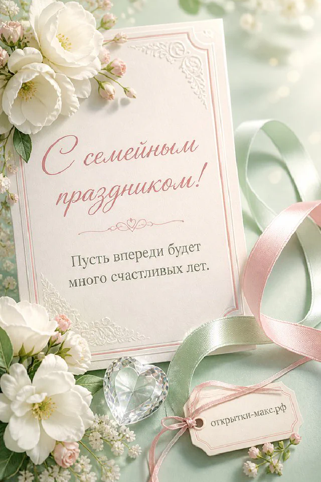 Золотые обручальные кольца на атласной ленте, букет белых роз и подписанная карточка с годовщиной свадьбы — вариант 7