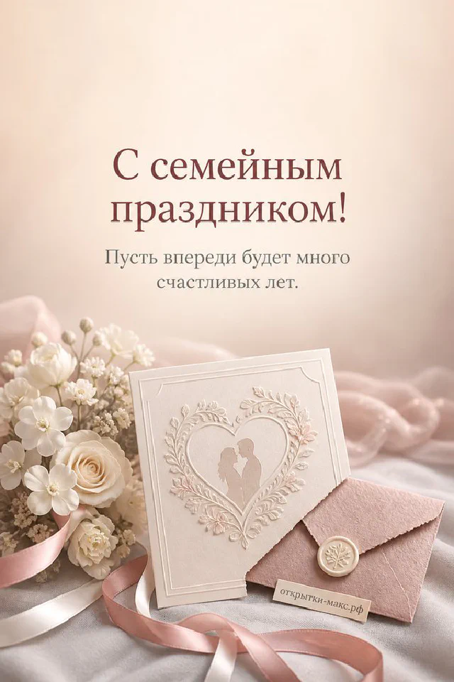 Золотые обручальные кольца на атласной ленте, букет белых роз и подписанная карточка с годовщиной свадьбы — вариант 8