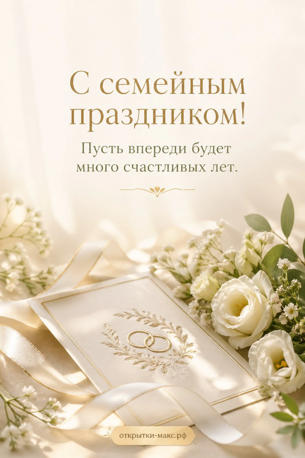 Золотые обручальные кольца на атласной ленте, букет белых роз и подписанная карточка с годовщиной свадьбы