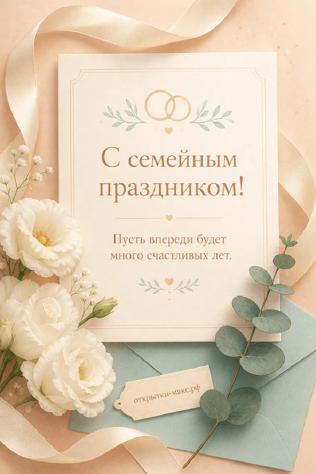 Золотые обручальные кольца на атласной ленте, букет белых роз и подписанная карточка с годовщиной свадьбы — вариант 6