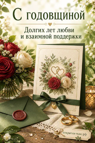 Красные и белые розы в вазе рядом с конвертом, свечой и обручальными кольцами — открытка с годовщиной свадьбы