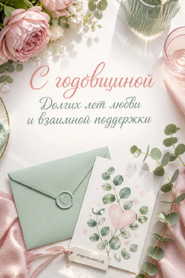 Красные и белые розы в вазе рядом с конвертом, свечой и обручальными кольцами — открытка с годовщиной свадьбы — вариант 2