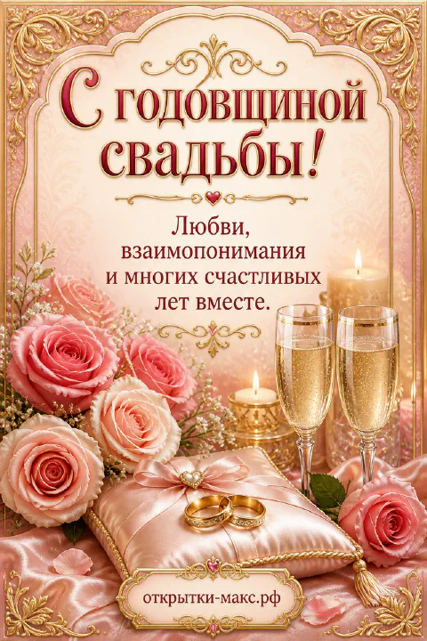 Розовые розы на атласной подушке с обручальными кольцами, свечи и бокалы шампанского в золотой рамке
