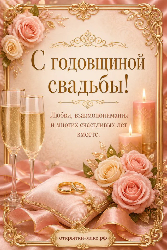 Розовые розы на атласной подушке с обручальными кольцами, свечи и бокалы шампанского в золотой рамке — вариант 2