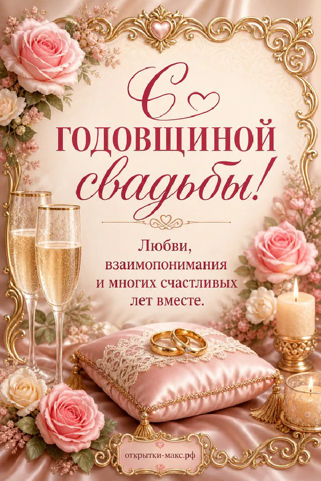Розовые розы на атласной подушке с обручальными кольцами, свечи и бокалы шампанского в золотой рамке — вариант 3