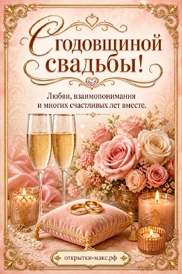 Розовые розы на атласной подушке с обручальными кольцами, свечи и бокалы шампанского в золотой рамке — вариант 4