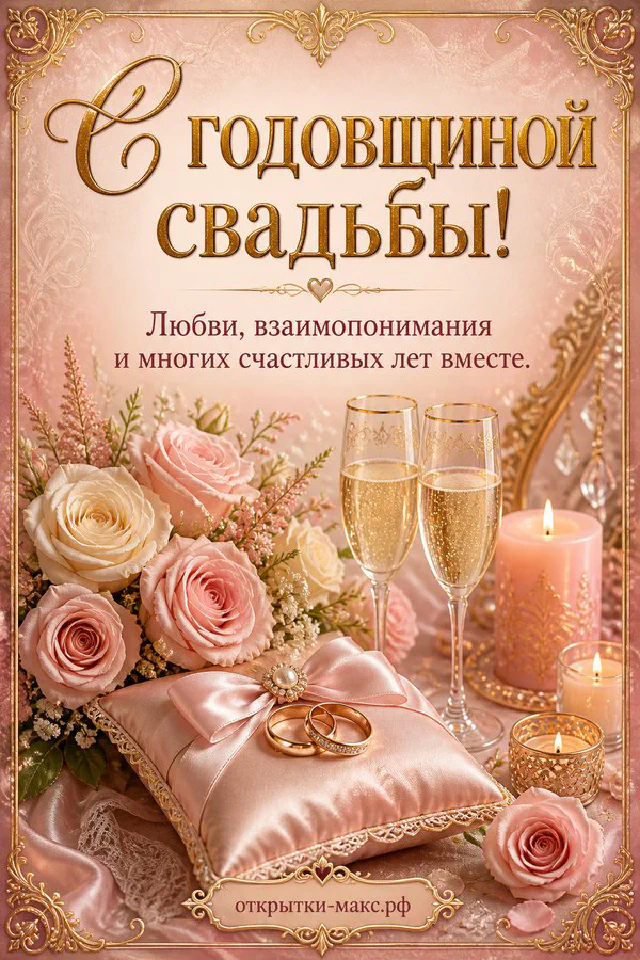 Розовые розы на атласной подушке с обручальными кольцами, свечи и бокалы шампанского в золотой рамке — вариант 5