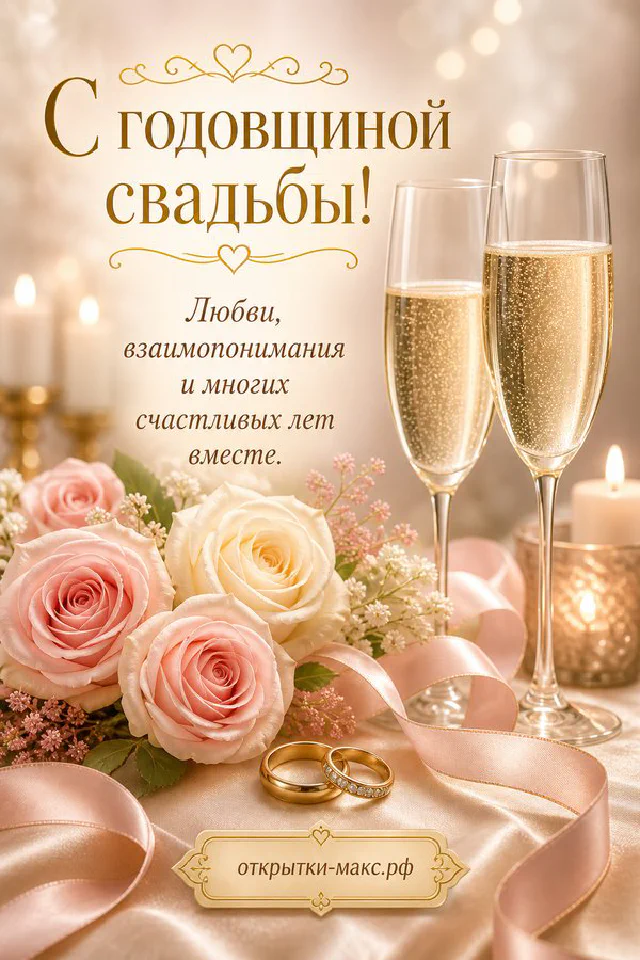 Розовые розы на атласной подушке с обручальными кольцами, свечи и бокалы шампанского в золотой рамке — вариант 7