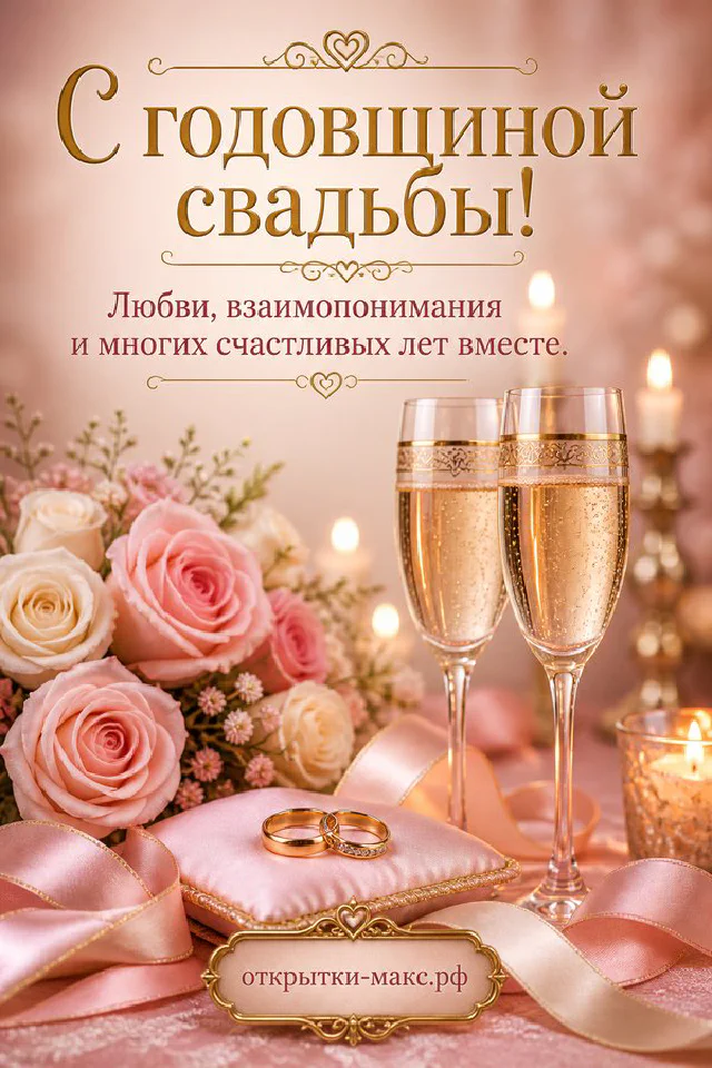 Розовые розы на атласной подушке с обручальными кольцами, свечи и бокалы шампанского в золотой рамке — вариант 6