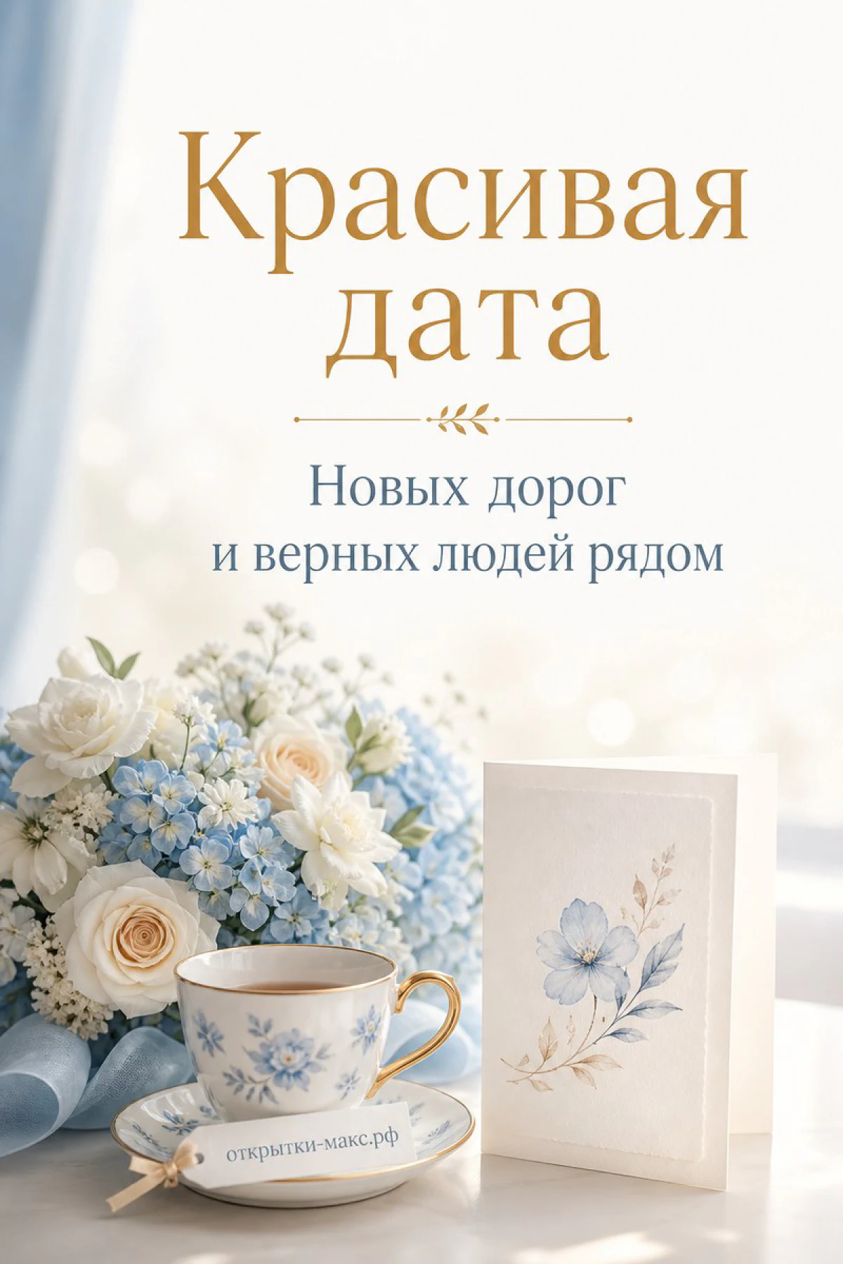 Фарфоровая чашка чая рядом с букетом голубых и белых цветов, открытка «Красивая дата»