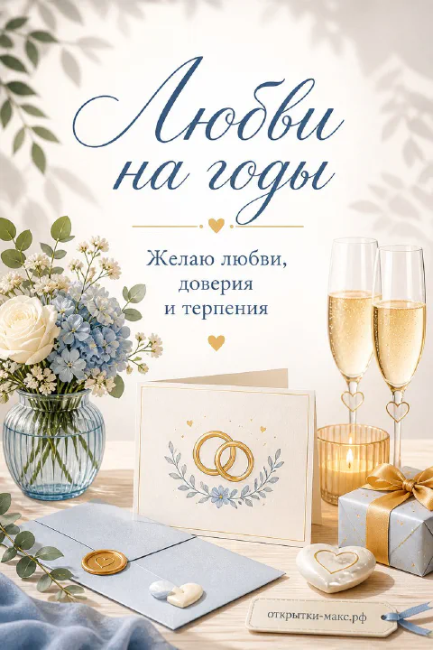 Букет голубых и белых цветов, бокалы шампанского и открытка с кольцами, надпись «Любви на годы»