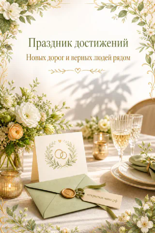 Праздничный стол с букетом белых цветов, бокалом шампанского и открыткой «Праздник достижений»