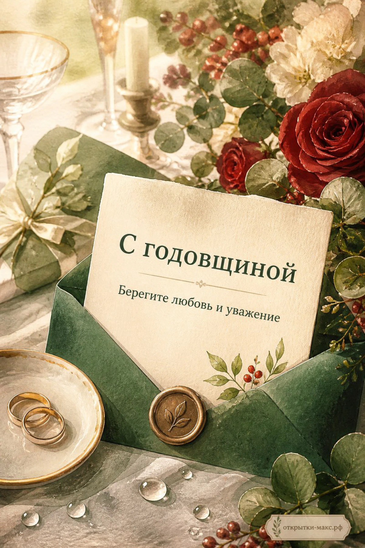 Зелёный конверт с сургучной печатью и золотыми обручальными кольцами на блюдце среди красных роз и свечи