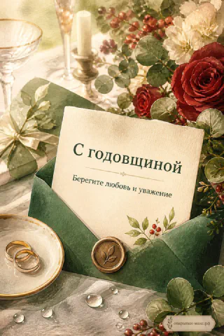 Зелёный конверт с сургучной печатью и золотыми обручальными кольцами на блюдце среди красных роз и свечи