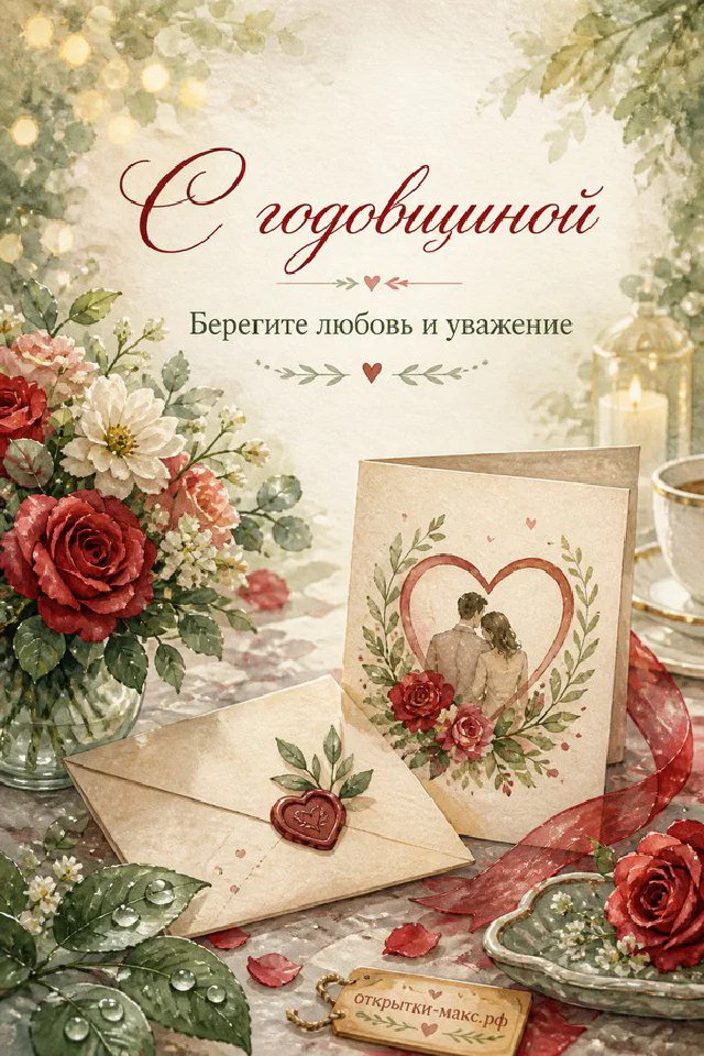Зелёный конверт с сургучной печатью и золотыми обручальными кольцами на блюдце среди красных роз и свечи — вариант 2