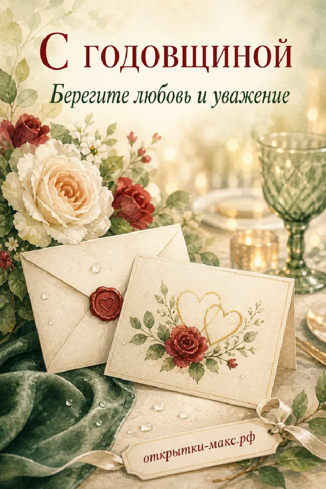 Зелёный конверт с сургучной печатью и золотыми обручальными кольцами на блюдце среди красных роз и свечи — вариант 7
