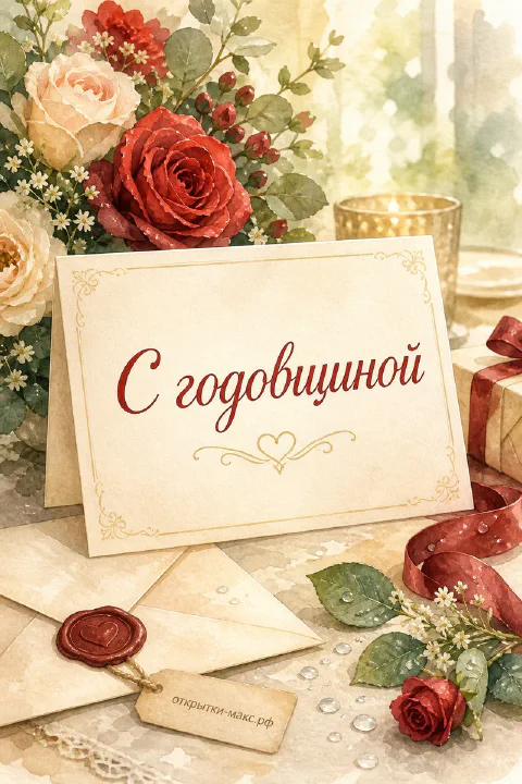 Открытка с годовщиной свадьбы: красные и кремовые розы, конверт с сургучной печатью на кружевном столе