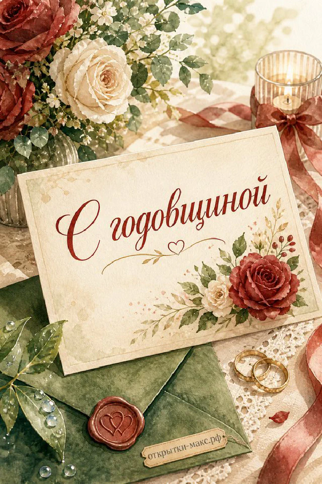 Открытка с годовщиной свадьбы: красные и кремовые розы, конверт с сургучной печатью на кружевном столе — вариант 3