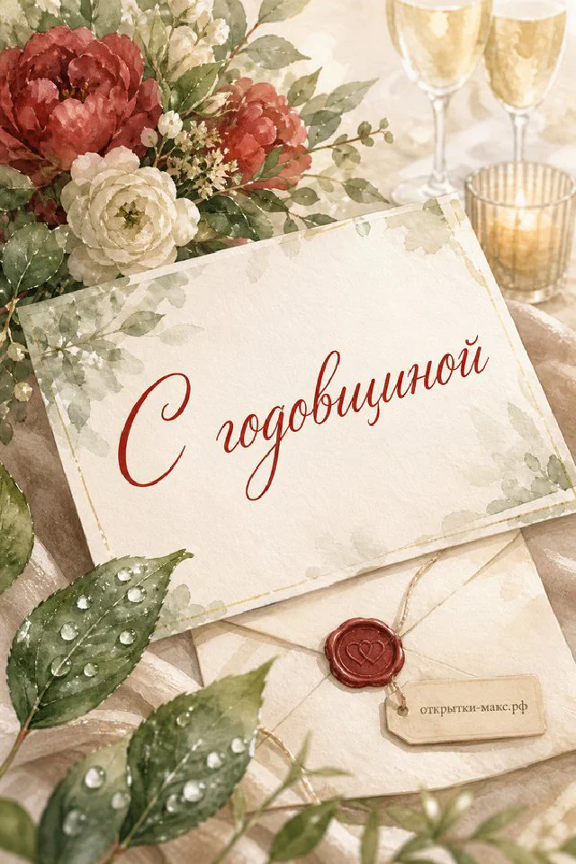 Открытка с годовщиной свадьбы: красные и кремовые розы, конверт с сургучной печатью на кружевном столе — вариант 5