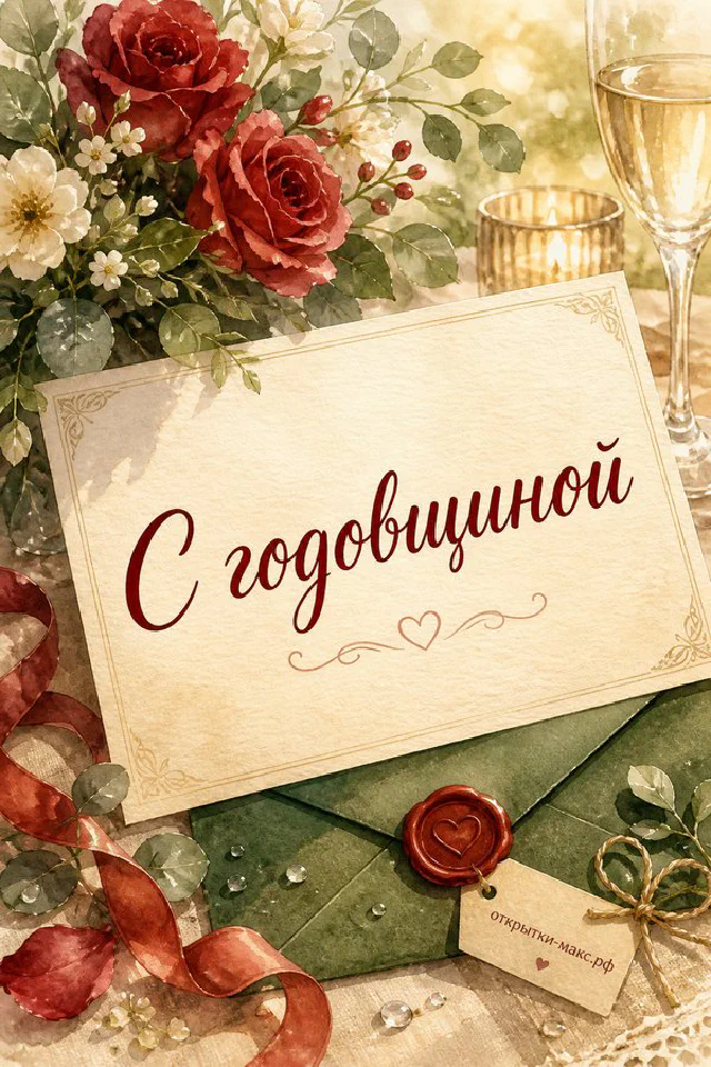Открытка с годовщиной свадьбы: красные и кремовые розы, конверт с сургучной печатью на кружевном столе — вариант 6