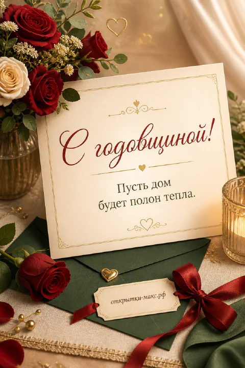 Открытка с годовщиной свадьбы с красными розами, зелёным конвертом и свечой