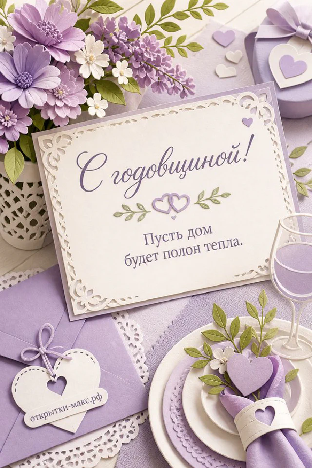 Открытка с годовщиной свадьбы с красными розами, зелёным конвертом и свечой — вариант 2