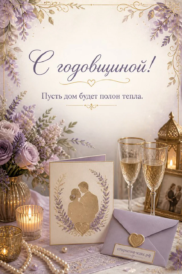Открытка с годовщиной свадьбы с красными розами, зелёным конвертом и свечой — вариант 3