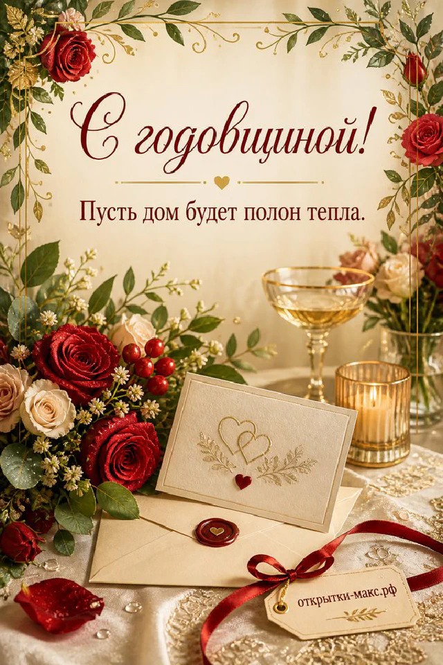 Открытка с годовщиной свадьбы с красными розами, зелёным конвертом и свечой — вариант 5