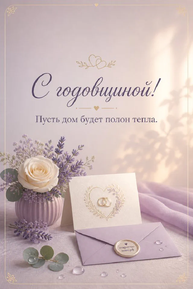 Открытка с годовщиной свадьбы с красными розами, зелёным конвертом и свечой — вариант 6