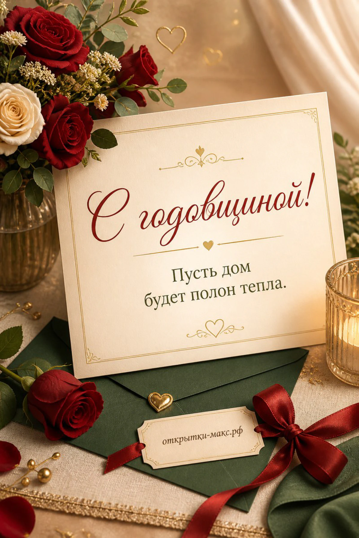 Открытка с годовщиной свадьбы с красными розами, зелёным конвертом и свечой