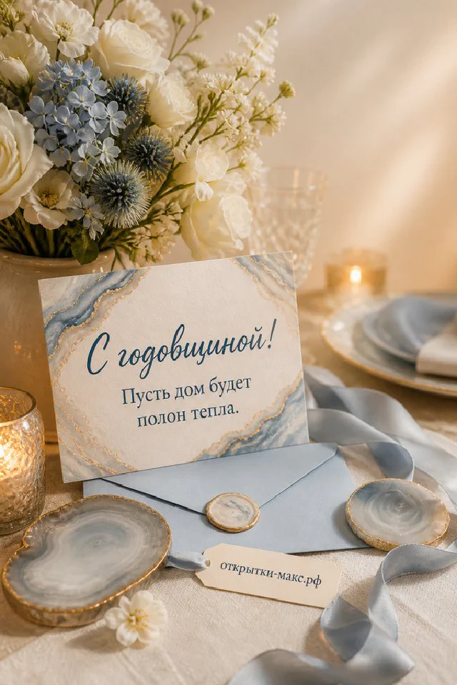 Открытка с годовщиной свадьбы с красными розами, зелёным конвертом и свечой — вариант 8