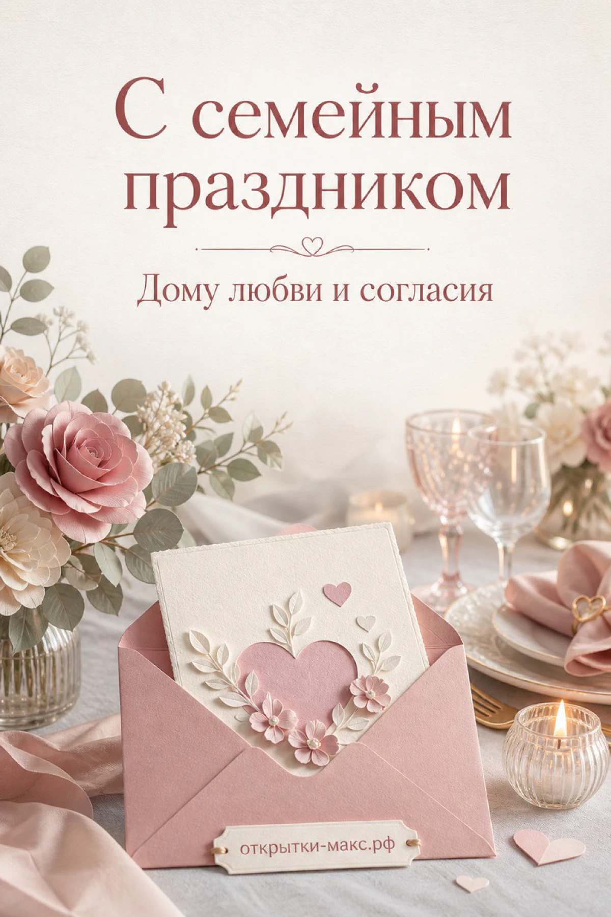 Конверт с объёмным бумажным сердцем из роз на розовом фоне с надписью «С семейным праздником»