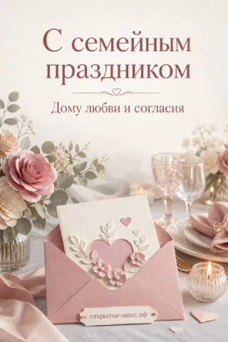 Конверт с объёмным бумажным сердцем из роз на розовом фоне с надписью «С семейным праздником»