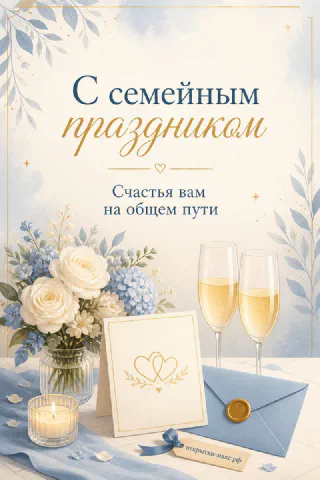 Букет белых роз и голубых гортензий с бокалами шампанского и открыткой на голубом фоне