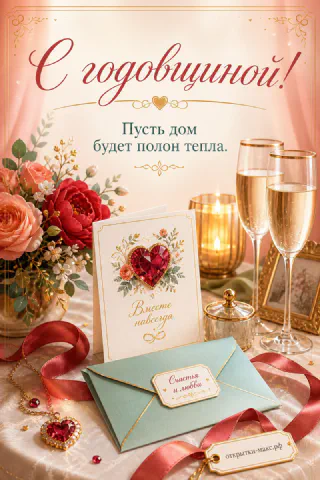 Красные пионы и розы с бокалами шампанского и открыткой «Вместе навсегда» на золотистом фоне