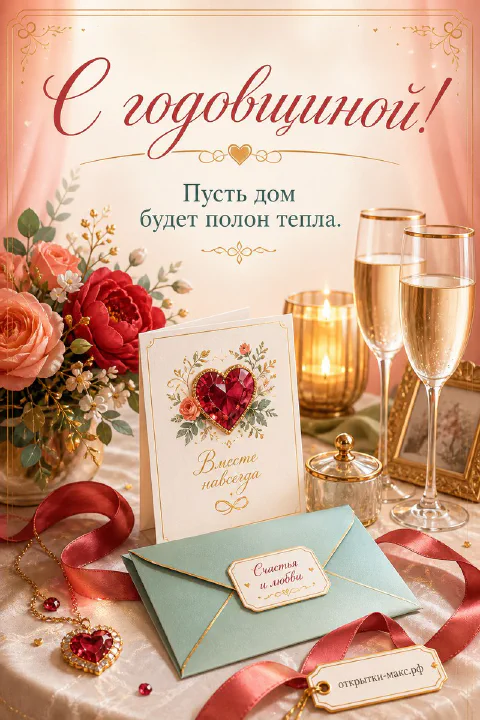 Красные пионы и розы с бокалами шампанского и открыткой «Вместе навсегда» на золотистом фоне