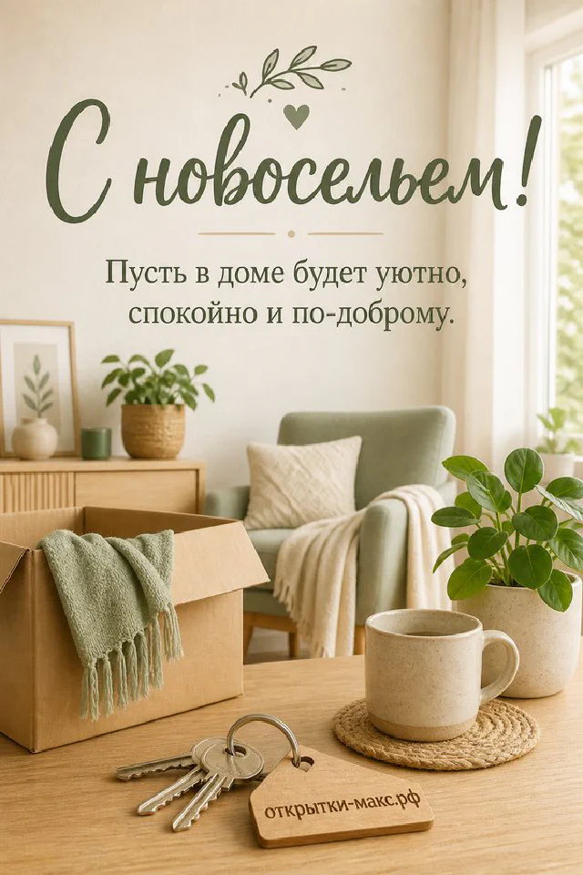 Зелёные растения в горшках, ключи от дома и плед на деревянном столе в светлой комнате — вариант 2